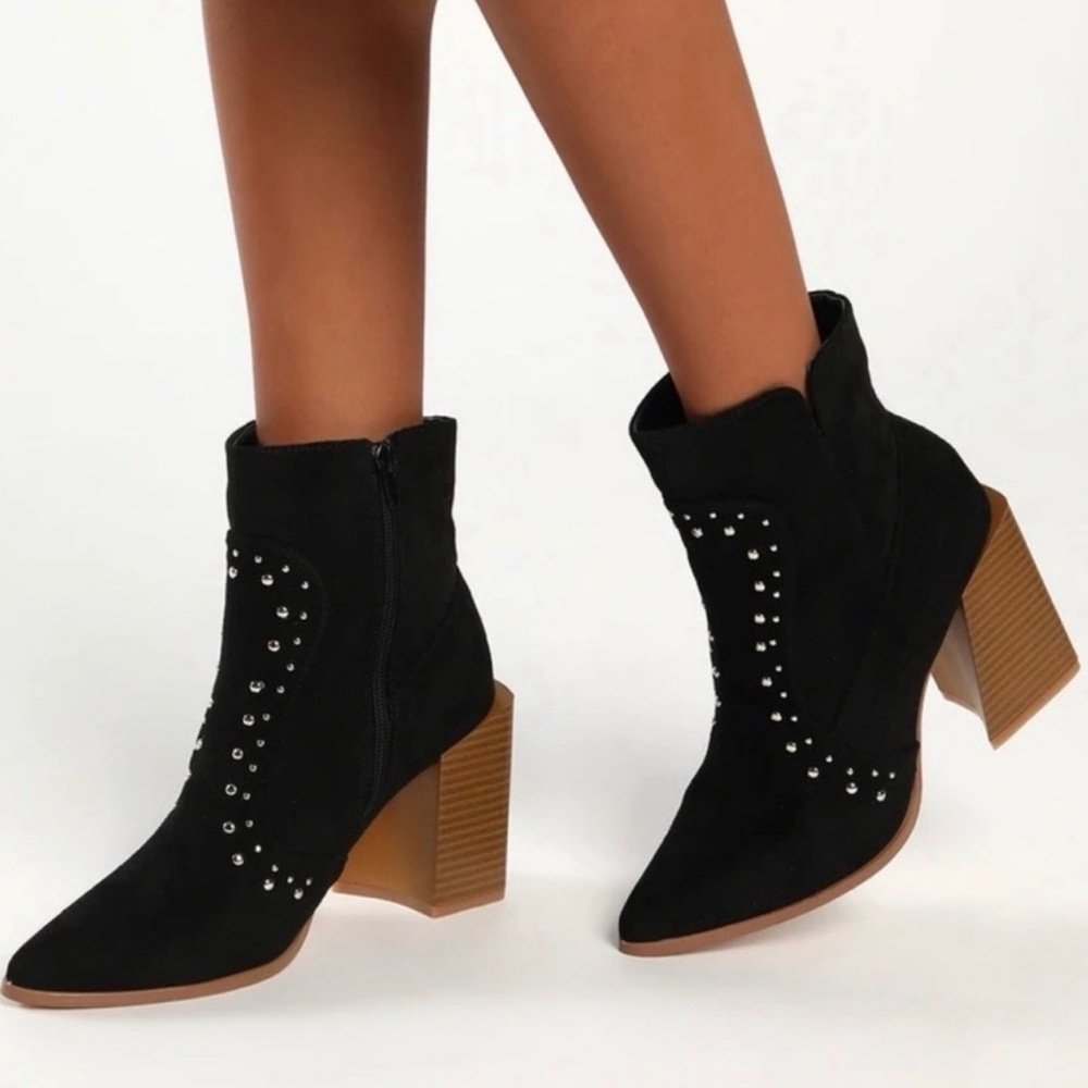 Lulus Studded Western Booties Black Faux Suede Cowgirl Heel 8 - Picture 2 of 4